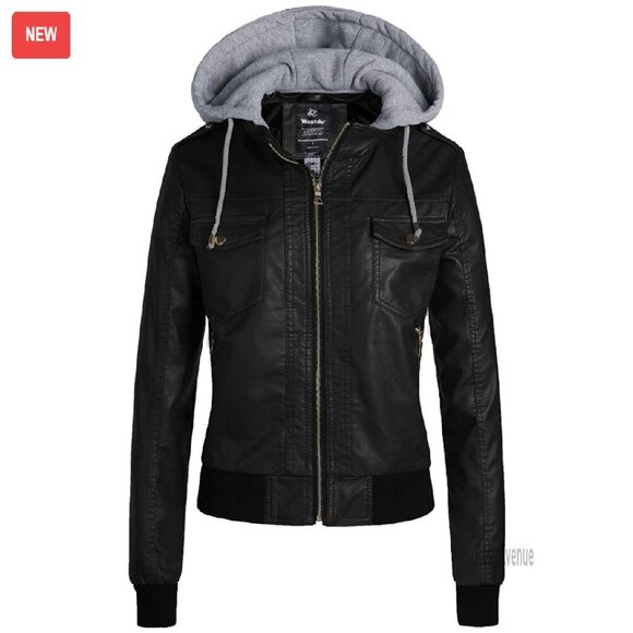 Jackets & Blazers - Lightweight PU Leather Motorcycle Jacket with Removable Hood